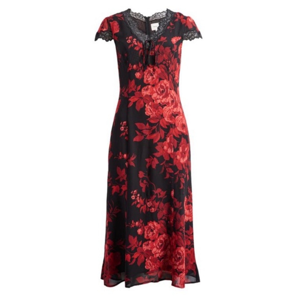 NWT Reformation Tiffie Lace Trim Bow V-neck Midi Dress in Basilica Floral Size 0